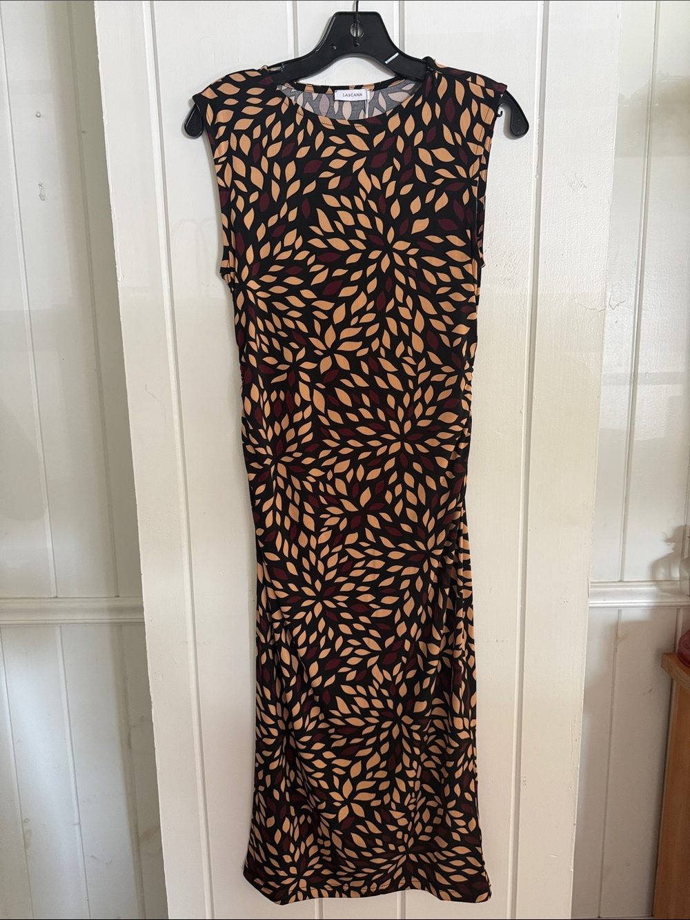 Lascana Black Midi Dress with Tan and Burgundy Leaf Print Size 6